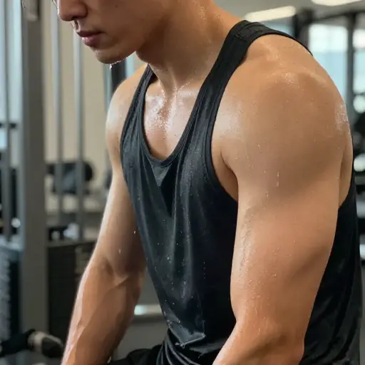 高强度锻炼后，汗水从他身上直往下淌。