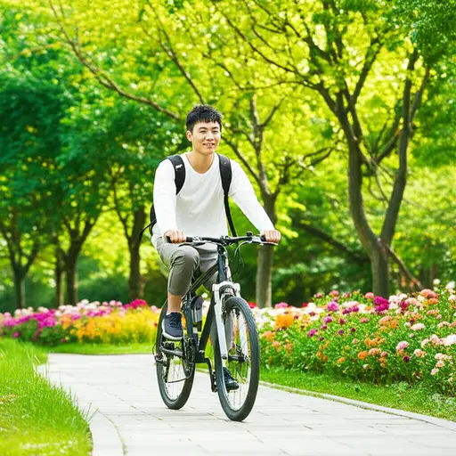 在公园里骑自行车很有趣。