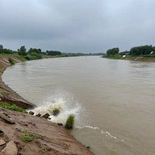 连日暴雨后，那条涨水的河流几乎要漫过堤岸。