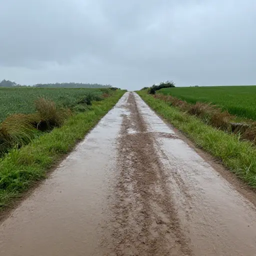 大雨过后，小路上覆盖着厚厚的泥浆。