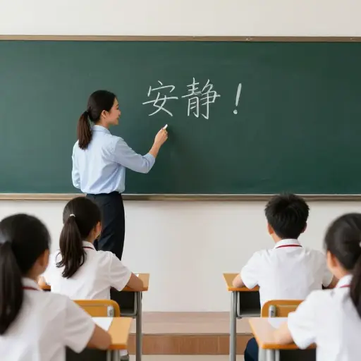 老师在黑板上写下“安静！”来举例说明命令式。