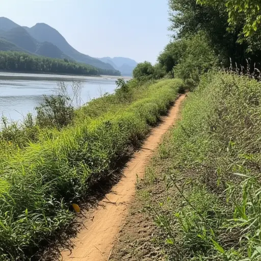 这条小路紧贴着河岸蜿蜒前行。