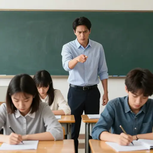 老师愤怒地谴责学生们在考试中作弊的行为。
