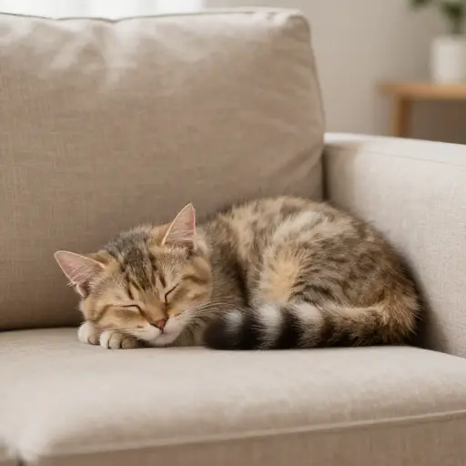 一只小猫正在沙发上睡觉。