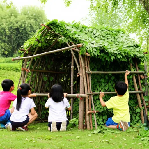 孩子们用树枝和树叶简单地搭了一个小屋。