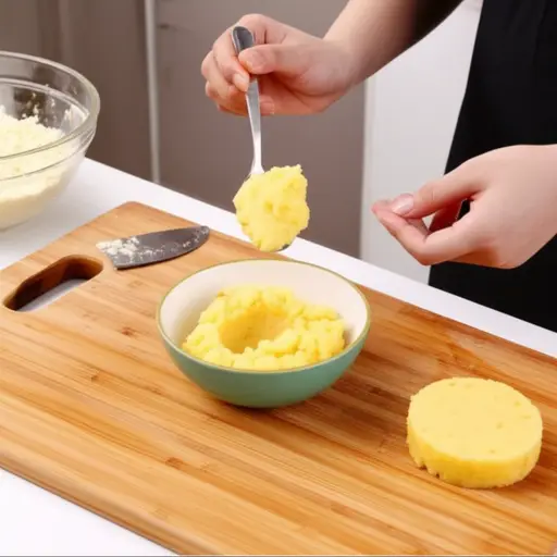 她把土豆泥塑成一个小蛋糕的形状作为装饰。