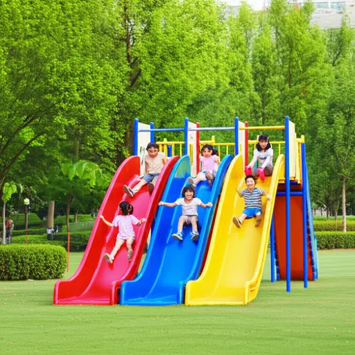 公园里有三个不同颜色的滑梯，孩子们都很喜欢玩。