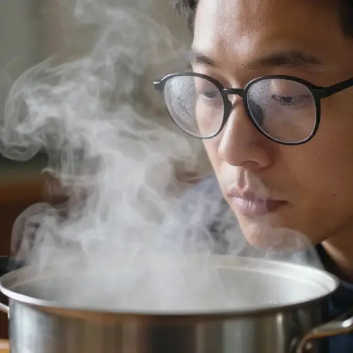 沸腾锅中的热蒸汽使我的眼镜蒙上了雾。