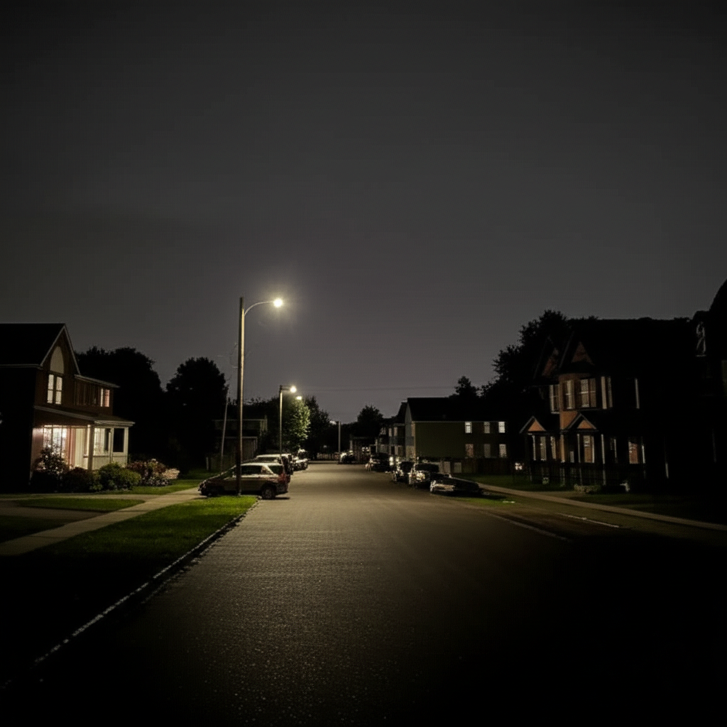 夜幕降临，街道上只有几盏路灯亮着。