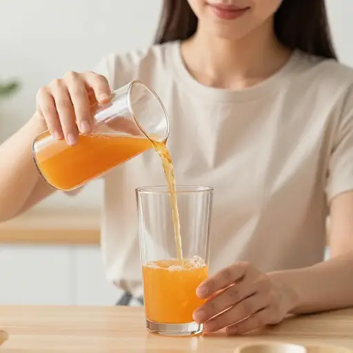 在喝果汁之前，她加了些水进行稀释。