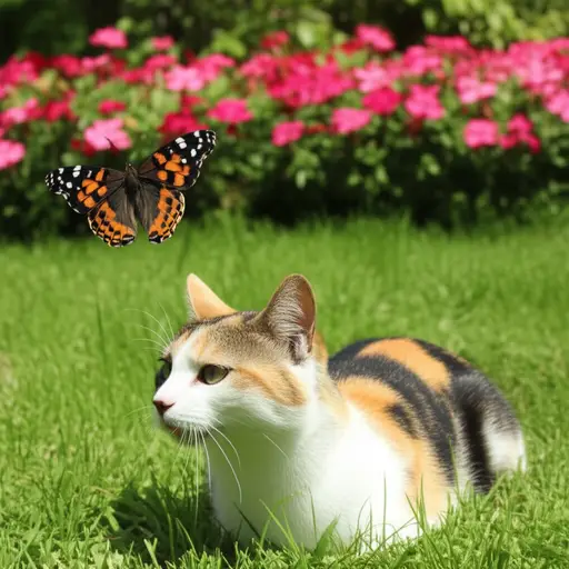 猫在花园里悄悄跟踪那只蝴蝶。