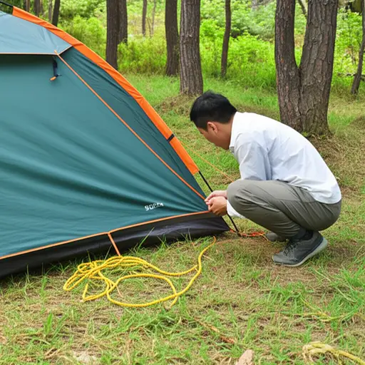 他在露营时用绳子打了个结固定帐篷。