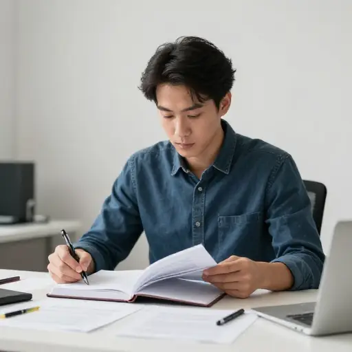 采访结束后，记者立即开始整理他的笔记。