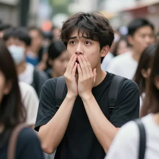 他在人群中大喊一声，想引起朋友的注意。