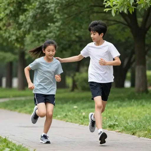 我在她后面跑，最终设法追上了她。