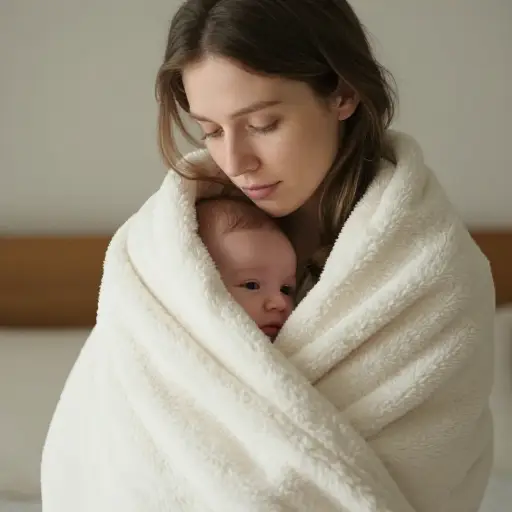 她用毯子把婴儿裹得暖暖的。