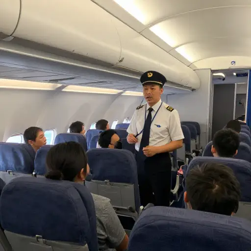 在起飞前，航空公司机长向乘客做了简报。