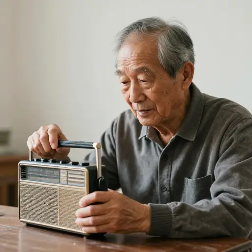 爷爷喜欢用他的晶体管收音机听天气预报。