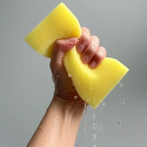 她用力挤压海绵，把水都挤了出来。