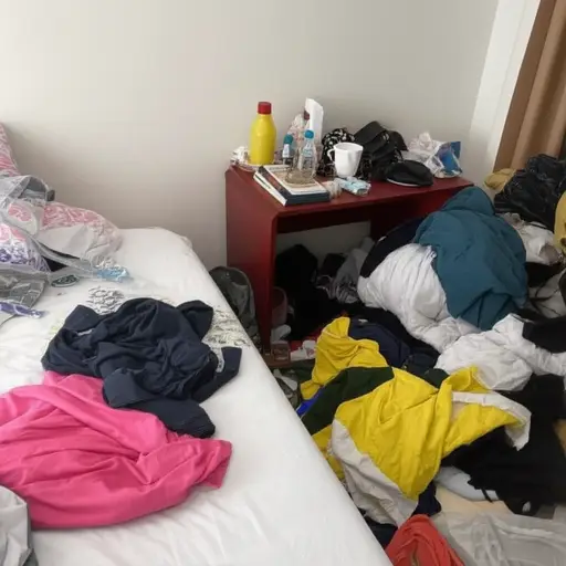 他的房间一团糟，衣服和书本到处都是。