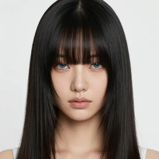 她留着长长的刘海，几乎盖住了她淡蓝色的眼睛。