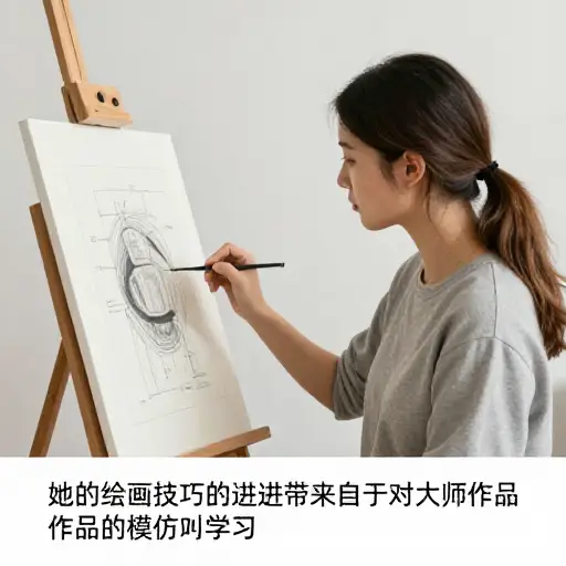 她的绘画技巧的进步来自于对大师作品的模仿学习。