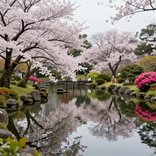日式花园有一个宁静的池塘，周围环绕着鲜花和树木。