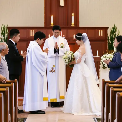 牧师在婚礼上为新婚夫妇祈福。