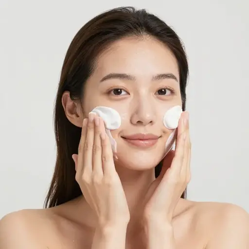 她洗脸前先使用卸妆产品。