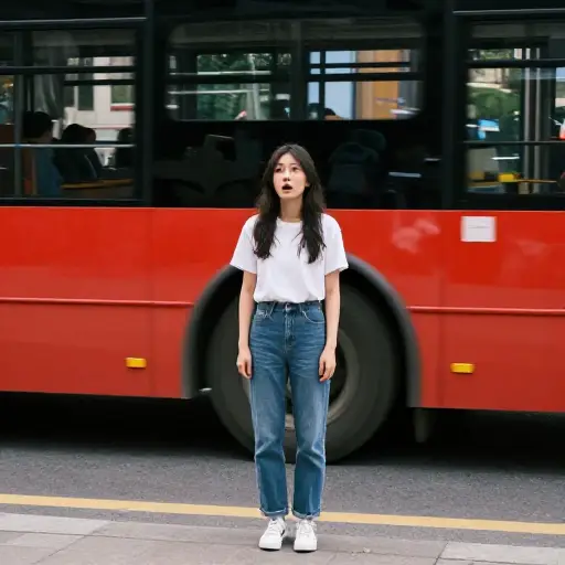 当公交车差点撞到她时，她侥幸逃脱。