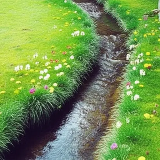 一条小溪沿着花园的边缘流过。