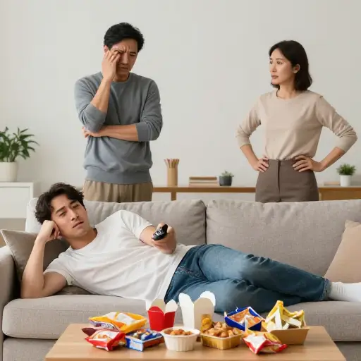 他从不工作，只是个靠父母养活的寄生虫。