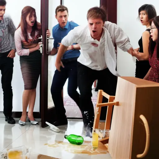 他不小心撞进了派对，把饮料都打翻了。