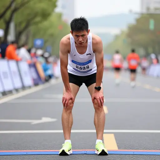 马拉松之后，他疲惫的双腿几乎无法支撑自身的重量。