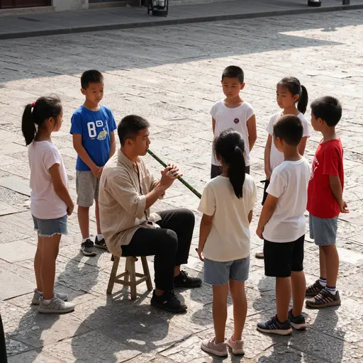 街头艺人用一根简单的竹笛吹奏的迷人曲调吸引了一小群孩子。