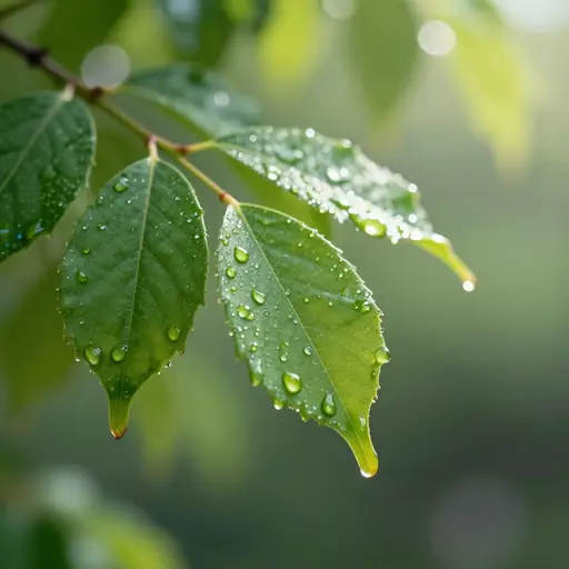 雨后的树叶在阳光下闪闪发亮。