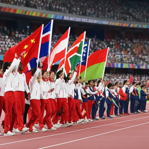 运动员们骄傲地举着代表他们国家的旗帜入场。