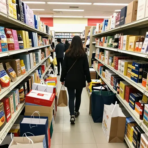 我们离开时，她已经买下了半个商店的东西。