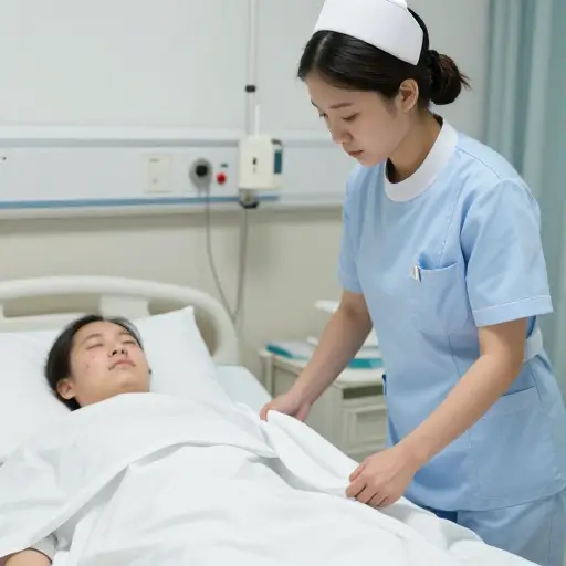 护士小心地将床单拉回，以检查伤口。