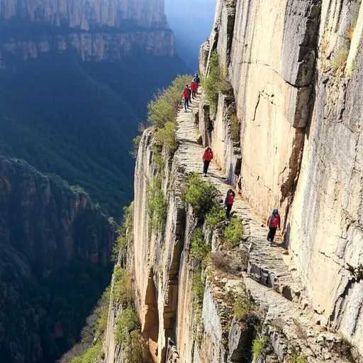 我们沿着几乎垂直的悬崖边小心翼翼地前进。
