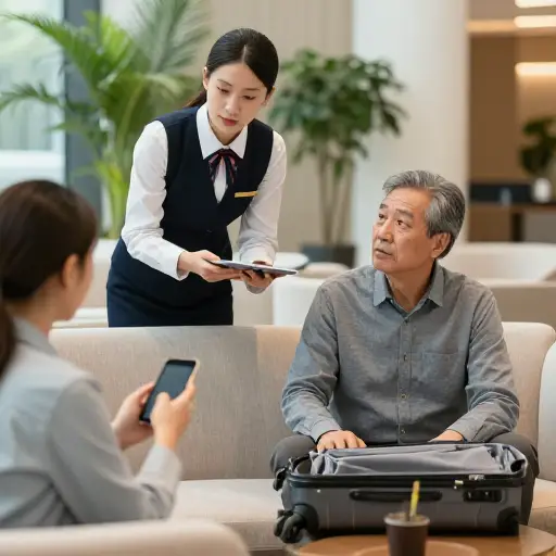 他问客人是否已经到达了。