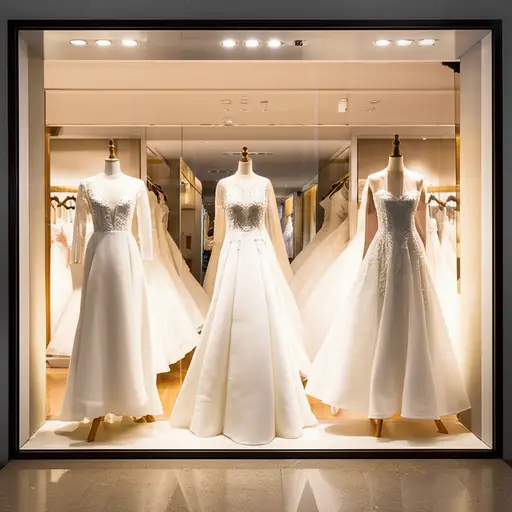 婚纱店里展示了最新款的结婚礼服。