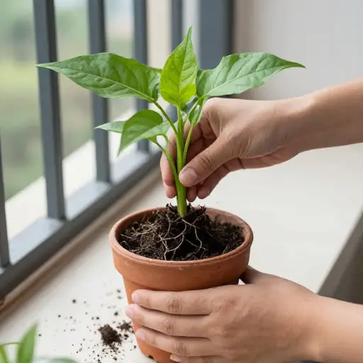给植物换盆时，小心不要损伤其根部。