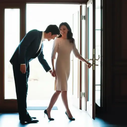 这位绅士以优雅的鞠躬姿态为女士开门。