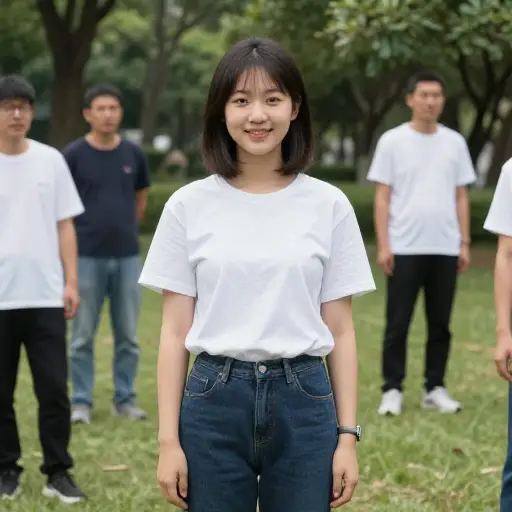 她是个中等身高的女孩。