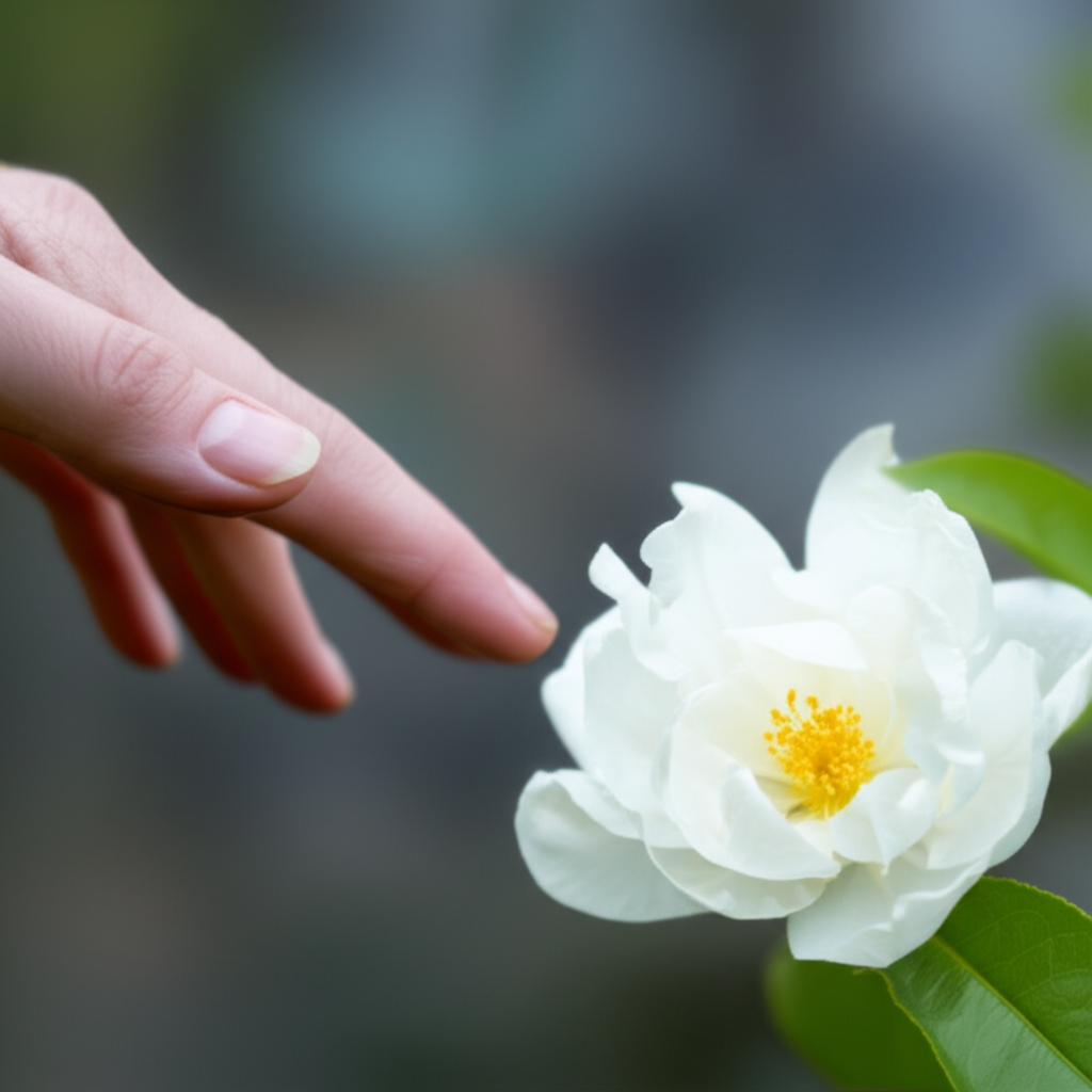 她温柔地抚摸着花朵。