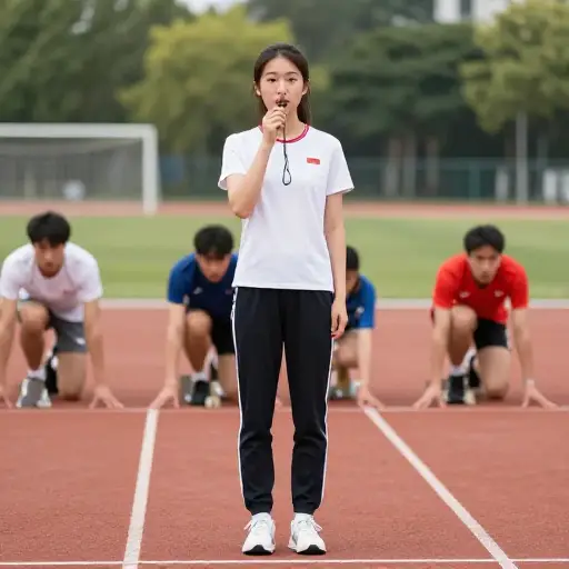 他用哨子来发令比赛开始。