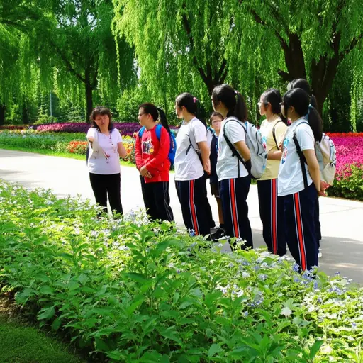老师陪着学生们走过公园，给他们讲解植物知识。
