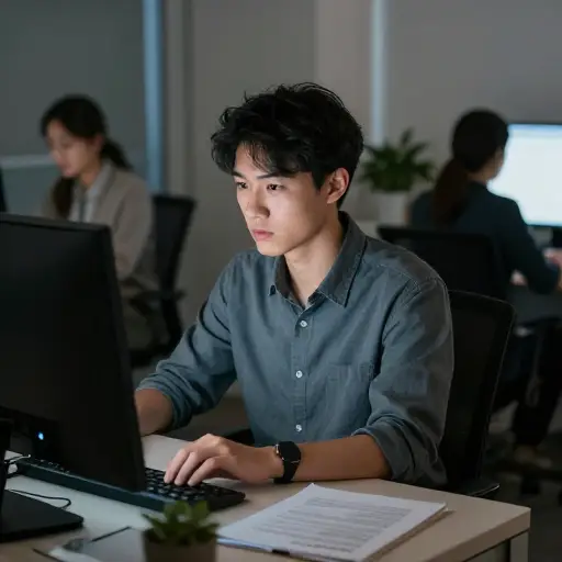 他加班工作，以便在项目上赶上他的同事们。