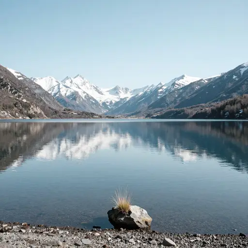 高山湖泊平静的水面以镜子般的精确度倒映着四周山峰，湖面几乎看不见。